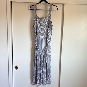 GAP Blue and White Striped Linen Romper with Waist Tie and Pockets
